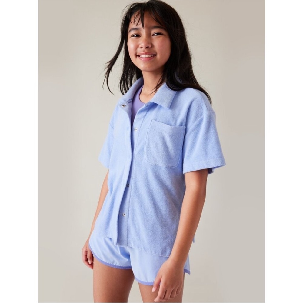 Athleta Girl Jump in Button Down Terry Coverup Tee Sky Blue M